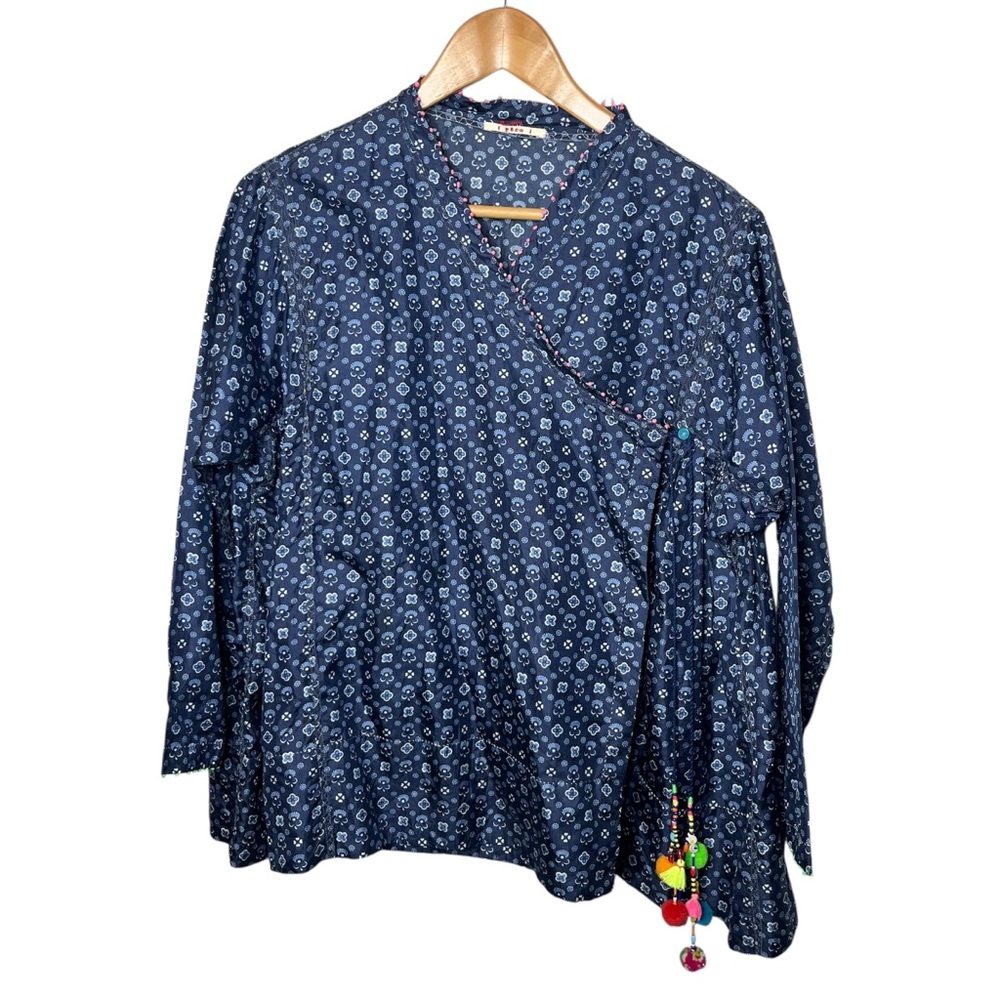 Pero Aneeth Arora 100% Silk Blue Floral Wrap Blouse Size 36